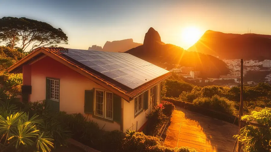 Casa com painéis solares no telhado ao pôr do sol no Rio de Janeiro