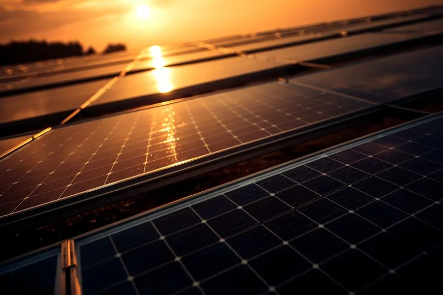 Painéis solares fotovoltaicos refletindo a luz do pôr do sol