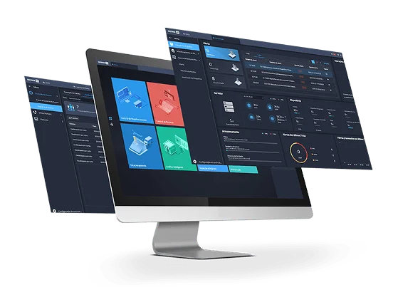 Telas do software Intelbras Defense IA exibidas em monitores