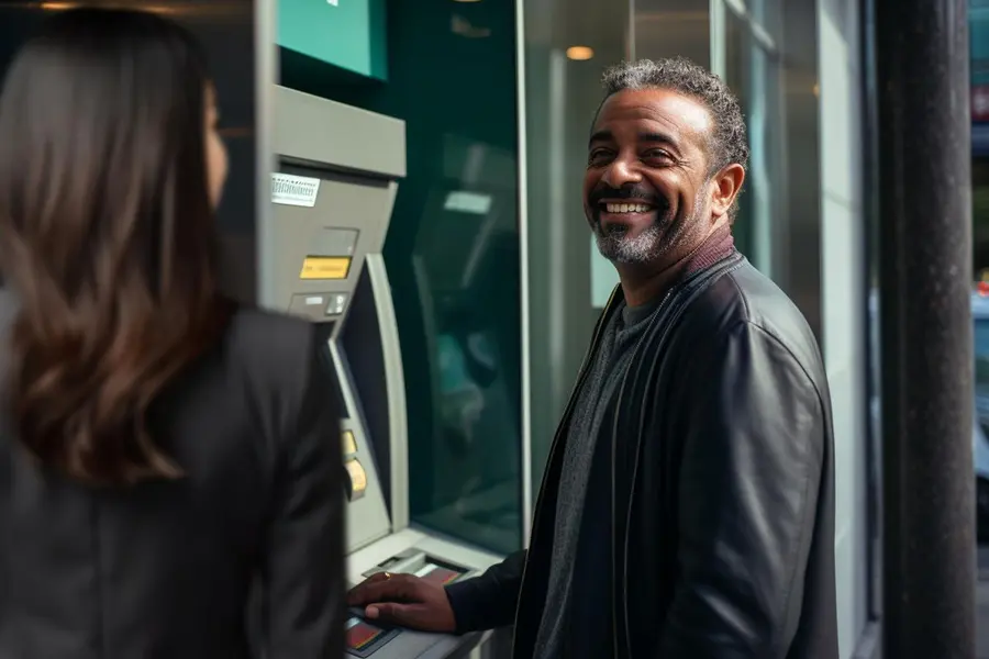 Cliente sorrindo enquanto usa o caixa eletrônico