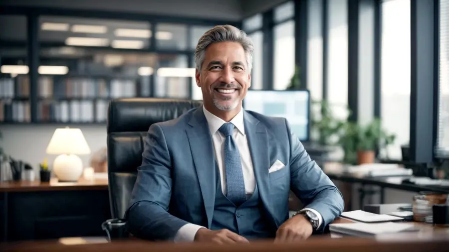 Gerente de agência sorrindo em sua mesa de atendimento