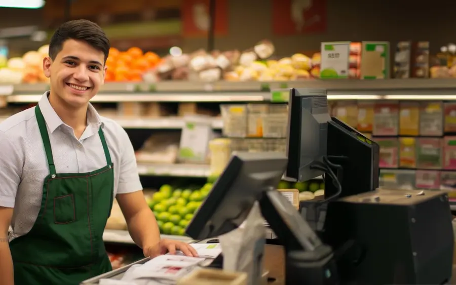 Operador de caixa sorrindo em um supermercado