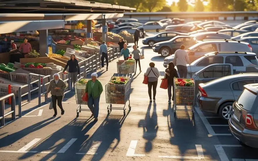 Clientes com carrinhos no estacionamento de um supermercado