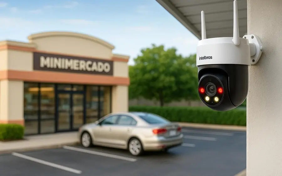 Câmera de segurança na fachada de um minimercado