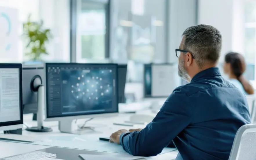 Gestor analisando dados no computador
