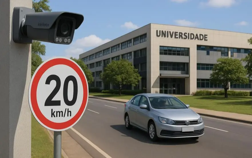 Câmera de controle de velocidade em frente a uma universidade