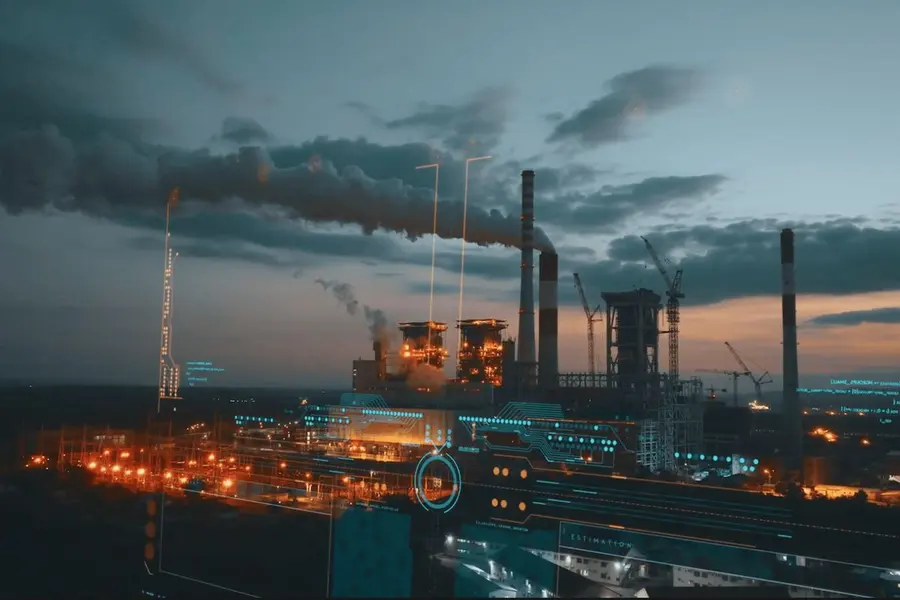 Complexo industrial iluminado ao entardecer