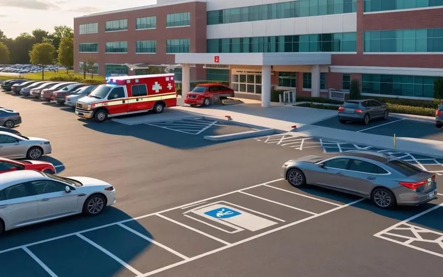 Estacionamento de hospital com ambulância