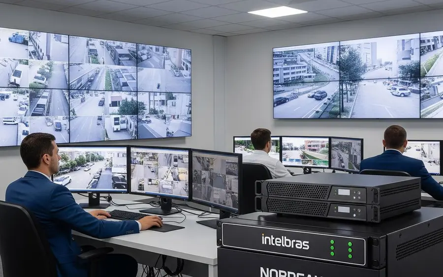 Equipe acompanhando câmeras em uma sala de segurança