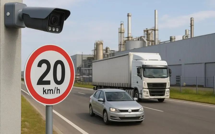 Câmera de controle de velocidade em via industrial com placa de 20 km/h
