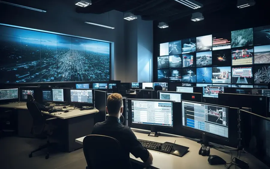 Operador acompanhando câmeras em uma sala de monitoramento
