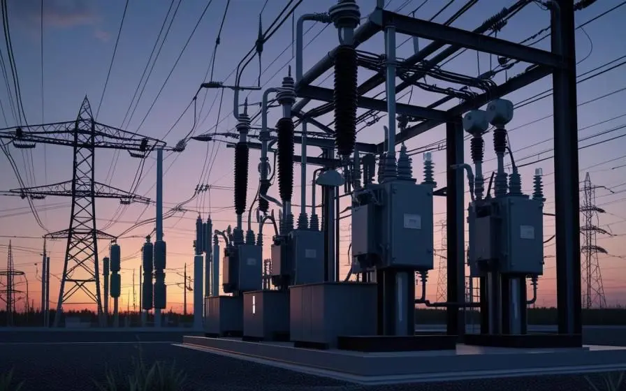 Subestação elétrica ao entardecer