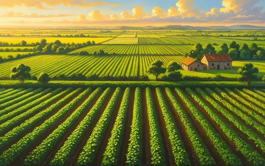 Plantação em propriedade rural ao entardecer