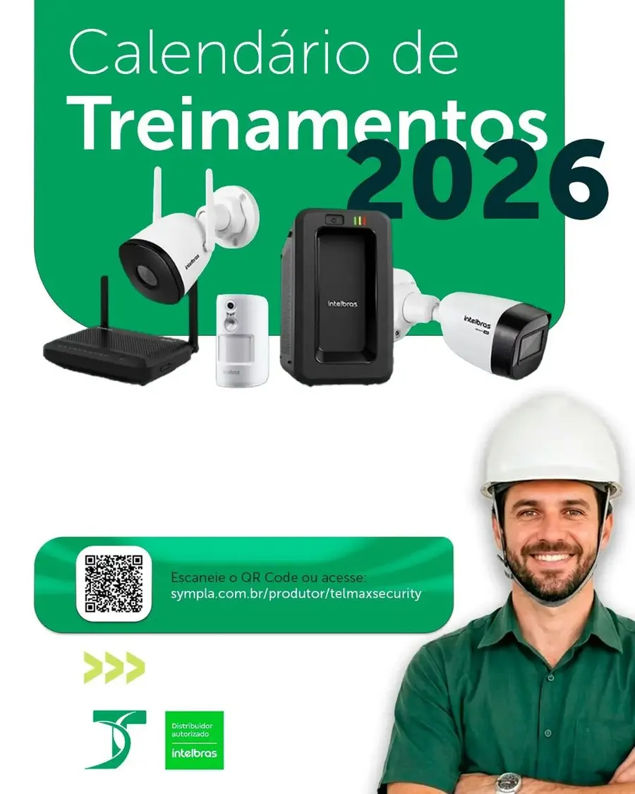 Divulgação do Calendário de Treinamentos 2026 da Telmax com produtos Intelbras